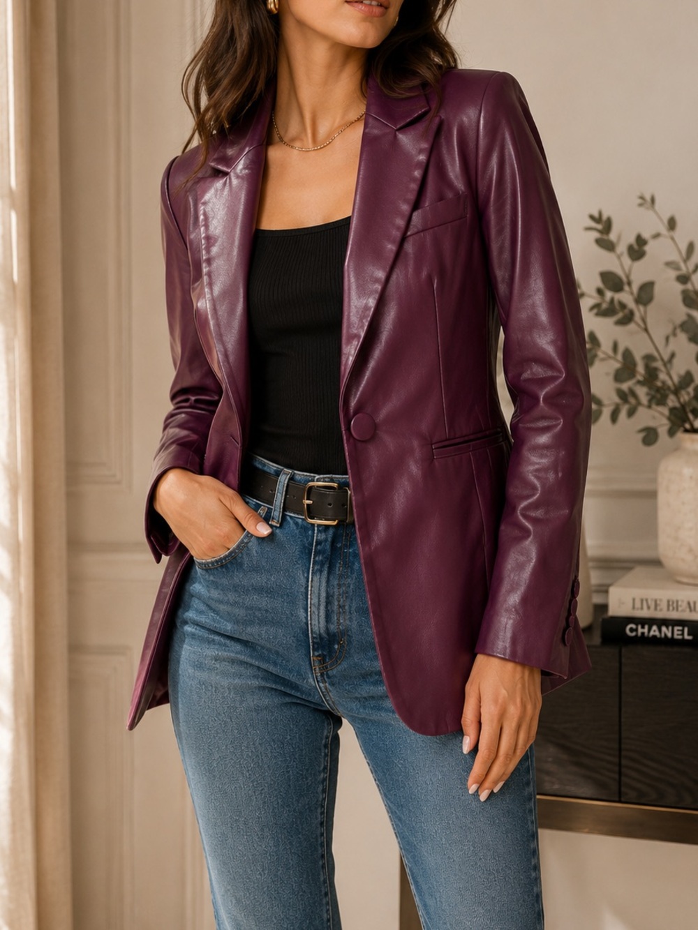 Nicholas Purple Plum Vegan Leather Tailored Blazer Jacket